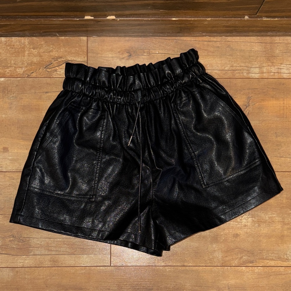 High-Waist Black Faux Leather Paperbag Shorts